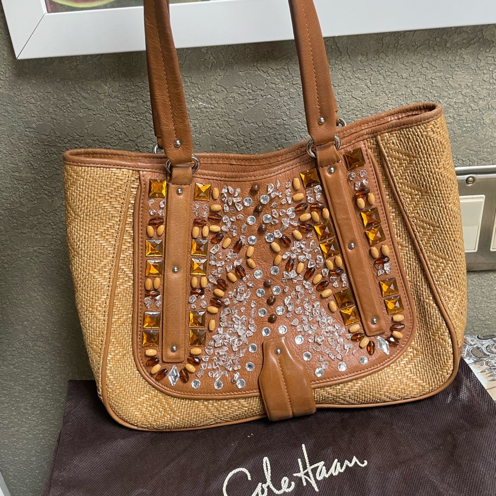 Vintage Cole Haan cowgirl embellished leather straw bag